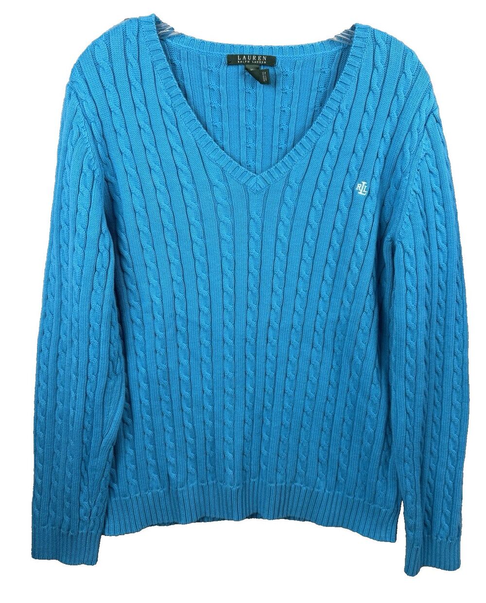 Lauren Ralph Lauren Cable Knit Sweater Women’s XL Blue Cotton V Neck Logo Y2K